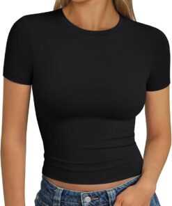 Womens Short Sleeve T Shirts - Buttery Soft Summer Crop Tops Slim Fit Y2k Basic Tees for Workout