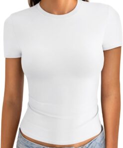 Womens Cotton Crew Neck Short Sleeve Shirts Summer Top Trendy Fitted Crop Tops Basic Going Out Tee