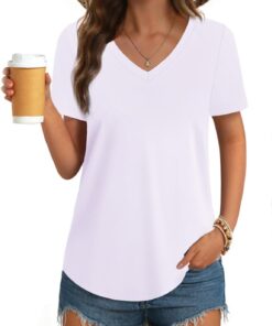 Womens T Shirts V Neck Short Sleeve Cotton Tops Summer Curved Hem Trendy Basic Tee Shirt S-XXL