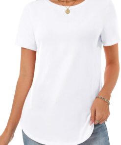 Womens Tops Cotton Short Sleeve Shirts Summer Crew Neck Basic Tees Casual Tunic Tops Curved Hem