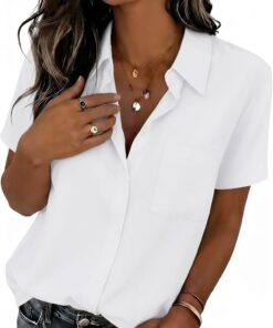 Women Blouses Short Sleeve Button Down Shirts Business Casual Dressy Work Tops Summer Spring Clothes