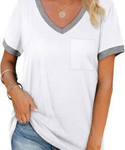 Womens T Shirts Short Sleeve V Neck Loose Casual Summer Tops 2026 with Pocket