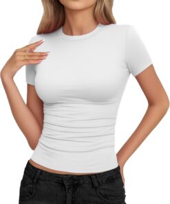 Womens Basic Short Sleeve Crew Neck T Shirt Slim Fit Tees Summer 2026 Y2k Going Out Fitted Top Cute Tight Shirts