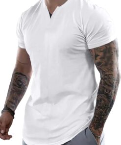 Mens Muscle Slim T Shirts Summer V Neck Gym Shirt Casual Cotton Workout Athletic Longline Tees