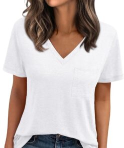 Women??s V-Neck Pocket Tee, Short Sleeve Loose Fit Basic Top for Spring Summer, Everyday Beach & Travel