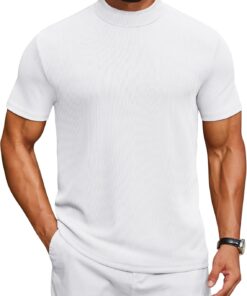 Mens Mock Turtleneck Shirts Short Sleeve Casual Basic T-Shirts Ribbed Solid Pullover Tops