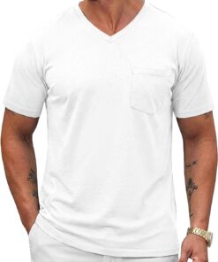 Mens Cotton V Neck T-Shirts Short Sleeve Casual Basic Summer Beach Pocket Tee Tops