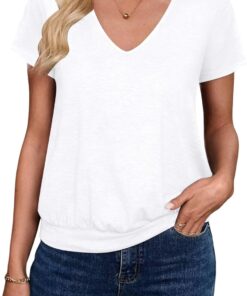 Sialois Short Sleeve Women T Shirts V Neck Tops Fashion Banded Bottom Tops Summer Spring Outfits Beach Vacation Clothes 2026