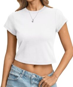 Womens Cotton T Shirts Basic Baby Tee Crop Tops Crewneck Slim Fit Short Sleeves Tee Summer Cute Clothes 2026