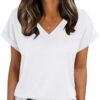 Womens Summer Tops Rolled Short Sleeve V Neck Shirts Casual Dressy Business Work Blouses Outfits