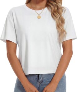 Women's Crop Tops Summer Short Sleeve Cotton UPF 50+ Round Neck Casual Loose Cropped T-Shirts Solid Basic Tees