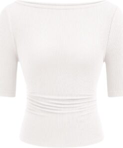 Womens Summer Short Sleeve Tops Boat Neck Ribbed Knit Slim Fit T Shirt Casual Basic Top 2026 Spring Clothes