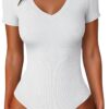 Bodysuits for Women V Neck Short Sleeve Body Suit Tops Slim Fit Ribbed Knit Soft Basic T-Shirts 2026 Summer Outfits