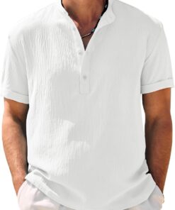 Men's Casual Henley Shirt Band Collar Short Sleeve Shirt Summer Beach Hippie T-Shirt