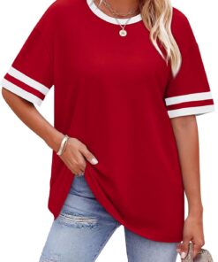 Womens T Shirts Loose Fit Short Sleeve Tees Crew Neck Color Block Summer Tops 2026 Fashion