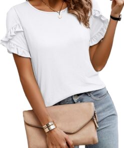 Short Sleeve Shirts for Women Ruffle Tops Crewneck Spring Summer Outfits Pleated 2026 Beach Vacation Clothes