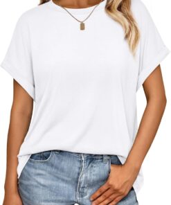 Women's Oversized Short Sleeve T Shirts Casual Drop Shoulder Rolled Cuff Summer Tops for Work, Travel and Lounge