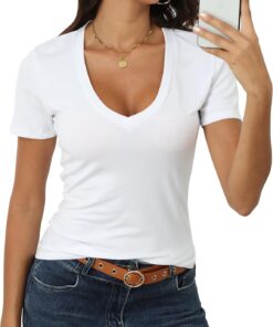Women Short Sleeve Deep V Neck Tops Shirts Fitted Cotton Summer Tshirt Tee