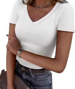 Women Short Sleeve V Neck Ribbed Knit Fitted Shirts Basic Tees Tops 2026 Summer Casual T-Shirts Going Out Outfits