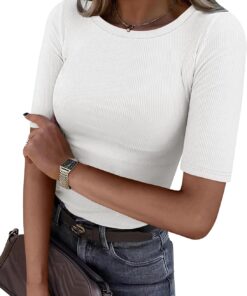 Womens Half Sleeve Crewneck Tops Ribbed Knit Slim Fit Shirts Basic Tee 2026 Spring Summer Dressy Casual T-Shirts