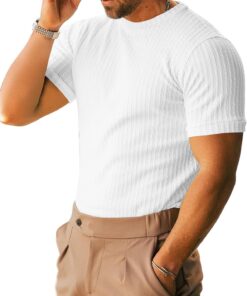 Men's Ribbed Knit T-Shirts Short Sleeve Casual Crewneck Slim Fit Textured Pullover Tees
