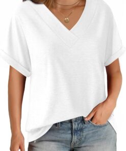 Womens Short Sleeve T Shirts V Neck Loose Fit Shirts Summer Casual Basic Tee Tops