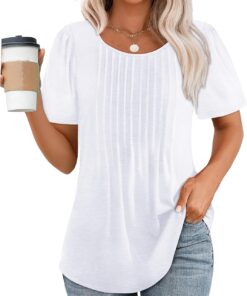 Womens T Shirts Short Sleeve Pleated Dressy Casual Scooped Neck Summer Tops Blouses