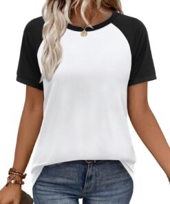 Womens Summer Tops Color Block Short Sleeve Raglan Shirts Spring Fashion Clothes Vacation Outfits