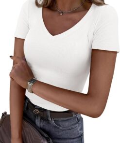 Women 2026 Spring Tops Trendy Ribbed Short Sleeve V Neck Fitted Basic Tee Shirts Casual Going Out Summer Outfits