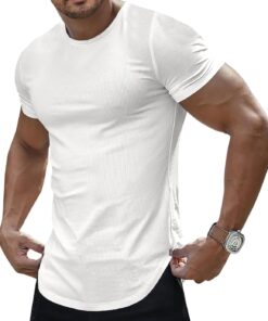 Men Mens Slim Fit Muscle Stretch Crewneck T-Shirt Summer Athlelic Shirts Longline Short Sleeve Tees Shirts