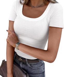 Women Short Sleeve Tops Scoop Neck Ribbed Knit Slim Fitted Basic Tee Shirt Casual Summer Clothes 2026 Spring Outfits