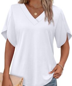 Womens Summer Tops Short Petal Sleeve Shirts Fashion V Neck Womens Clothing