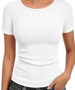 Cotton Ribbed Basic T Shirts for Women,Slim Fit Crew Neck Short Sleeve Summer Shirts,Solid Plain Tops, Undershirts