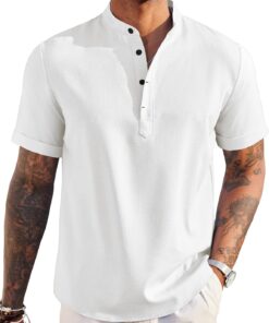 Men's Linen Henley Shirt Short Sleeve Casual Summer Beach Hippie T Shirts
