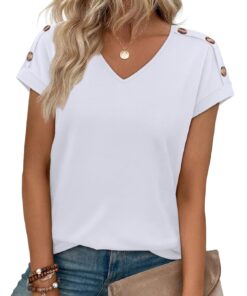 Womens Summer Tops Short Sleeve Shirts with Buttons V Neck Trendy Tunic Blouses Beach Vacation Clothes
