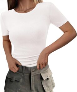 Women 2026 Summer Crew Neck Short Sleeve Tops Ribbed Knit Slim Fit Fashion Basic Tee Shirts Casual Going Out Top