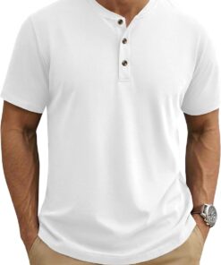 Mens Henley Shirts Short Sleeve Cotton Casual Summer Basic T-Shirts 3 Button Solid Collarless Shirts for Work