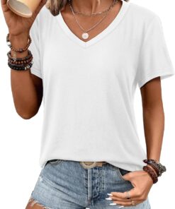 Womens V Neck Short Sleeve Summer T Shirts Curved Hem Plain Top Beach