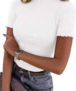 Short Sleeve T Shirts for Women Summer Clothes 2026 Casual Spring Tops Ruffle Mock Neck Ribbed Fitted Basic Tees