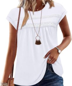Womens Summer Tops Trendy 2026 Lace Crochet Short Sleeve Shirts Crew Neck T Shirts Casual Loose Blouses