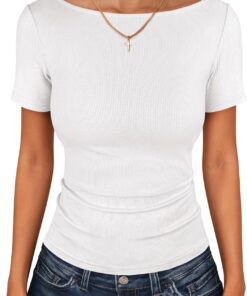 Women Boat Neck Tops Short Sleeve T-Shirts Ribbed Knit Tight Fitted Basic Tees Shirts 2026 Summer Clothes