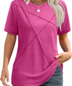 Womens Summer Tops 2026 Pleated Round Neck Short Sleeve Shirts Business Casual
