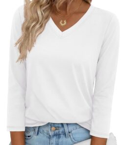 3/4 Length Sleeve Womens Tops V Neck T Shirts Dressy Casual Blouses for Women Summer Clothes Cotton Basic Tees
