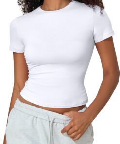 Women's Cotton Crop Tops Short Sleeve Crewneck Basic Tee Tight Fit Y2K Baby Tee Cute Casual Summer Going Out Tops