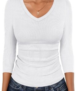 3/4 Sleeve Shirts for Women V Neck Ribbed Knit Slim Fitted Tops Basic Tshirt 2026 Summer Casual Tees Trendy Outfits
