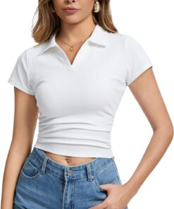 Inadays T Shirts for Women V Neck Summer Tops Short Sleeve Going Out Tops Slim Fit Workout Outfits Tight Tee