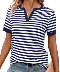 Striped Shirt Women V Neck T Shirts Short Sleeve Color Block Summer Tops